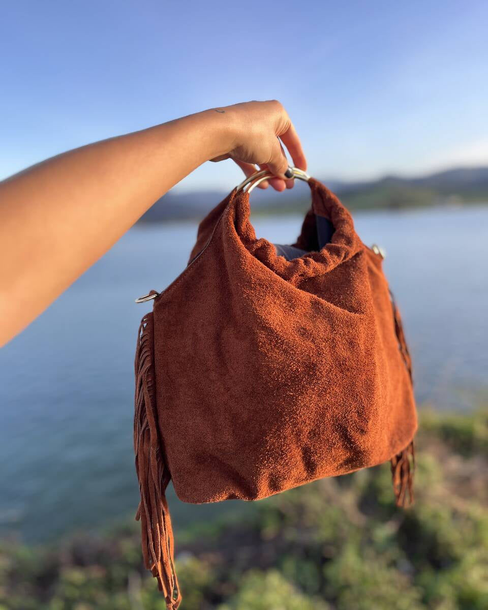 Bolso ovalado anillas marron