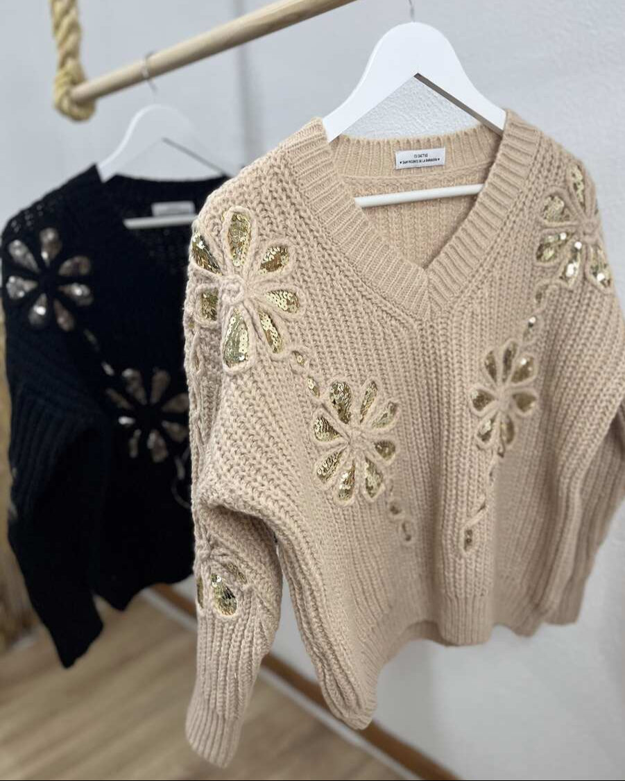 Jersey beige flores
