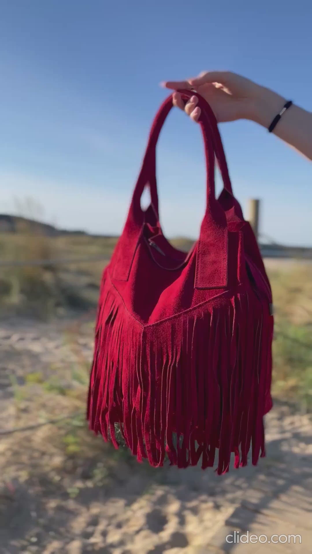  Bolso de hombro flecos granate