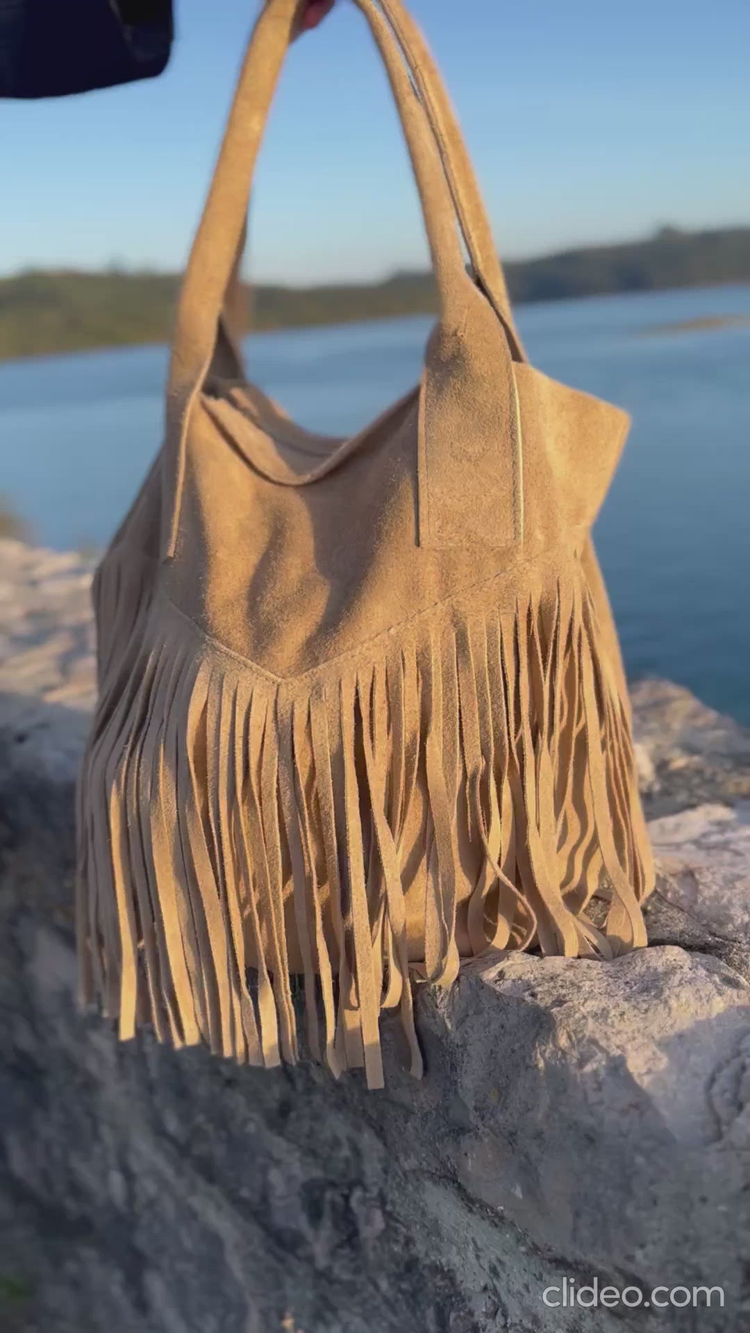 Bolso de hombros fleco beige